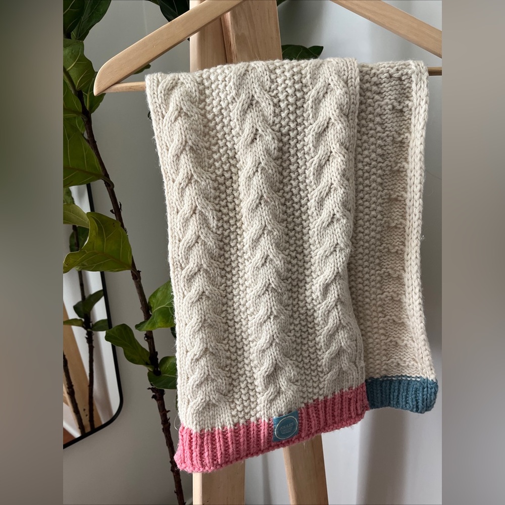 Joules Knit Cream Off White Blue Pink Scarf Winter Fall Chunky Statement Cable